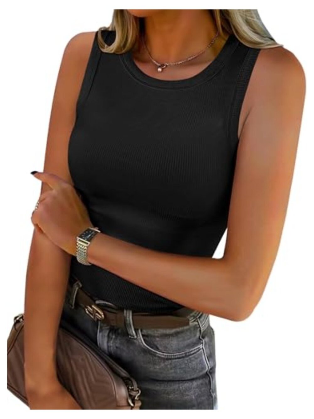 ANRABESS Ribbed Knit High Neck Sleeveless Tank Top Racerback Slim Fit Womens